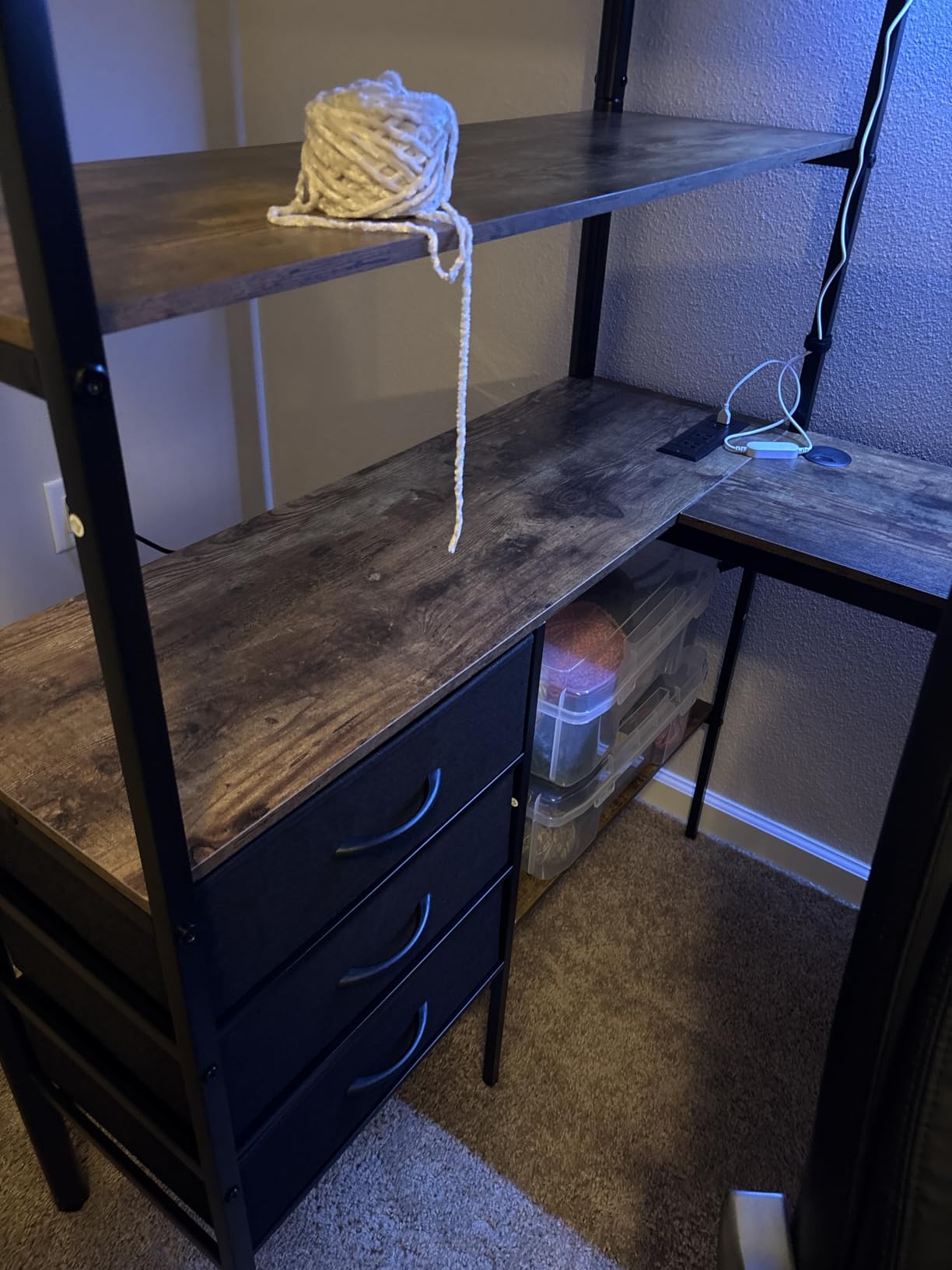 Twin Size Loft Bed with L-Shaped Desk, LED Lights,Charging Station, Industrial Heavy Duty Metal Loft Bed Frame with 3 Storage Shelves and 3 Fabric Drawers, Safety Guard & Ladder, Vintage Brown customer photo 2