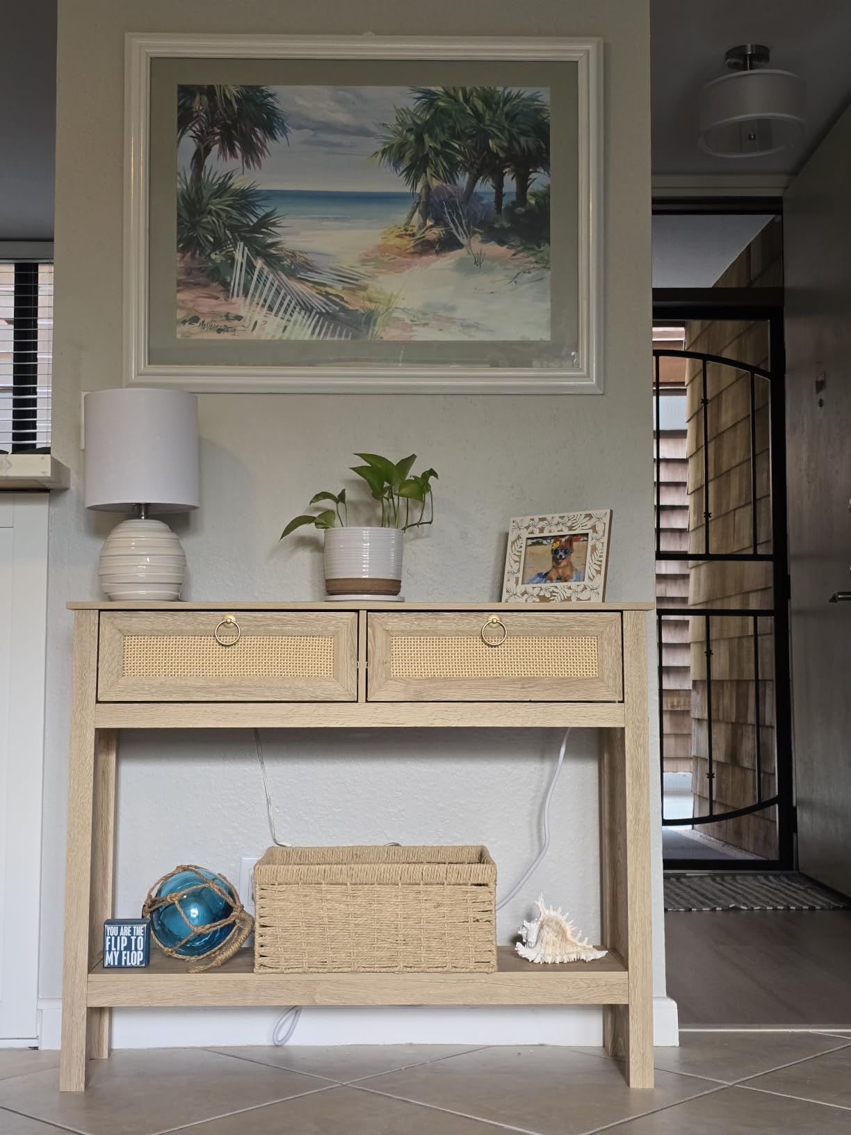 SUPERJARE Rattan Console Sofa Table with Outlets, USB-C Port and 3 Drawers customer photo 2