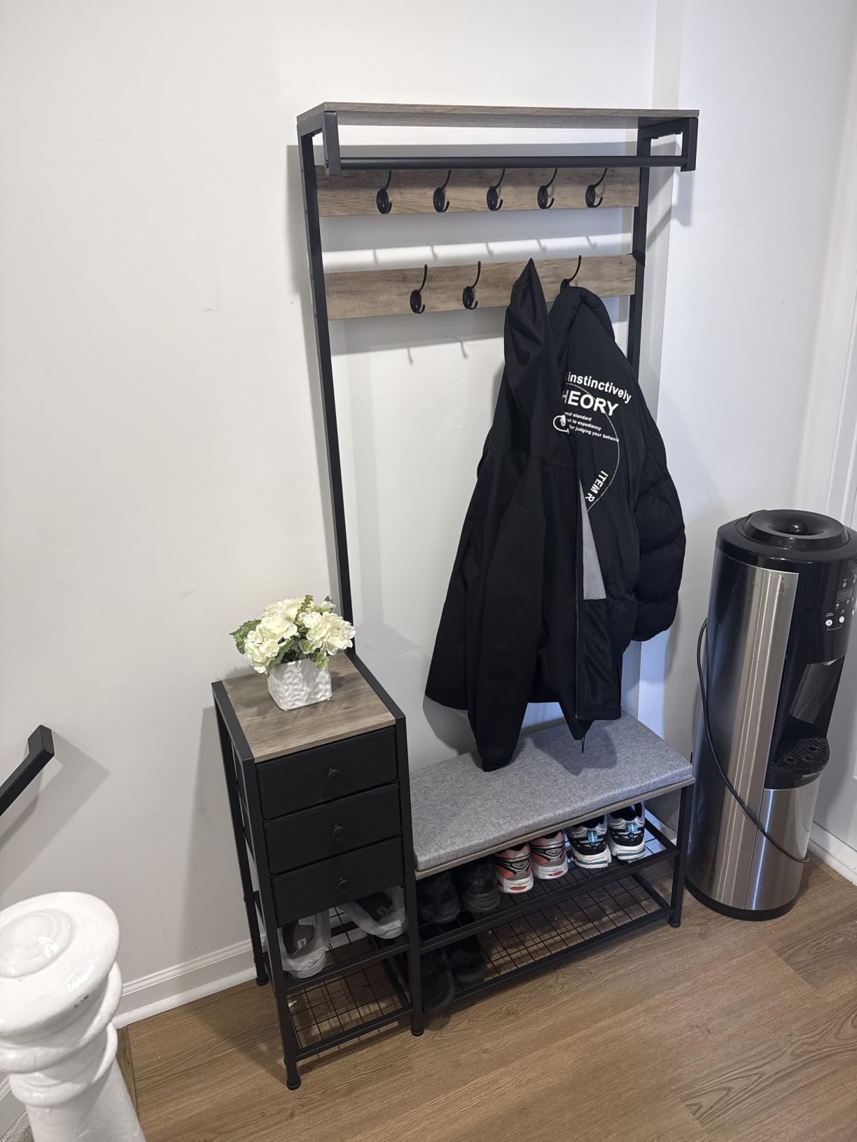Itaar Coat Rack, Hall Tree with Bench and Shoe Storage, 7-in-1 Entryway Bench with Soft Cushion, Storage Bag, 3 Fabric Drawers(Grey) customer photo 1
