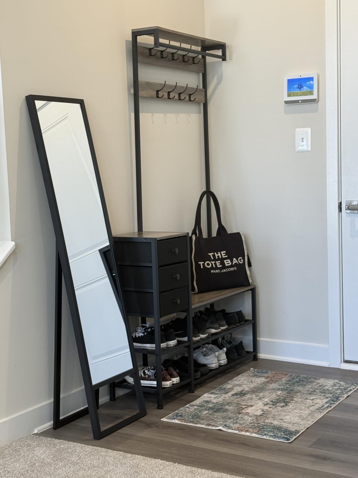 Itaar Coat Rack, Hall Tree with Bench and Shoe Storage, 7-in-1 Entryway Bench with Soft Cushion, Storage Bag, 3 Fabric Drawers(Grey) customer photo 2