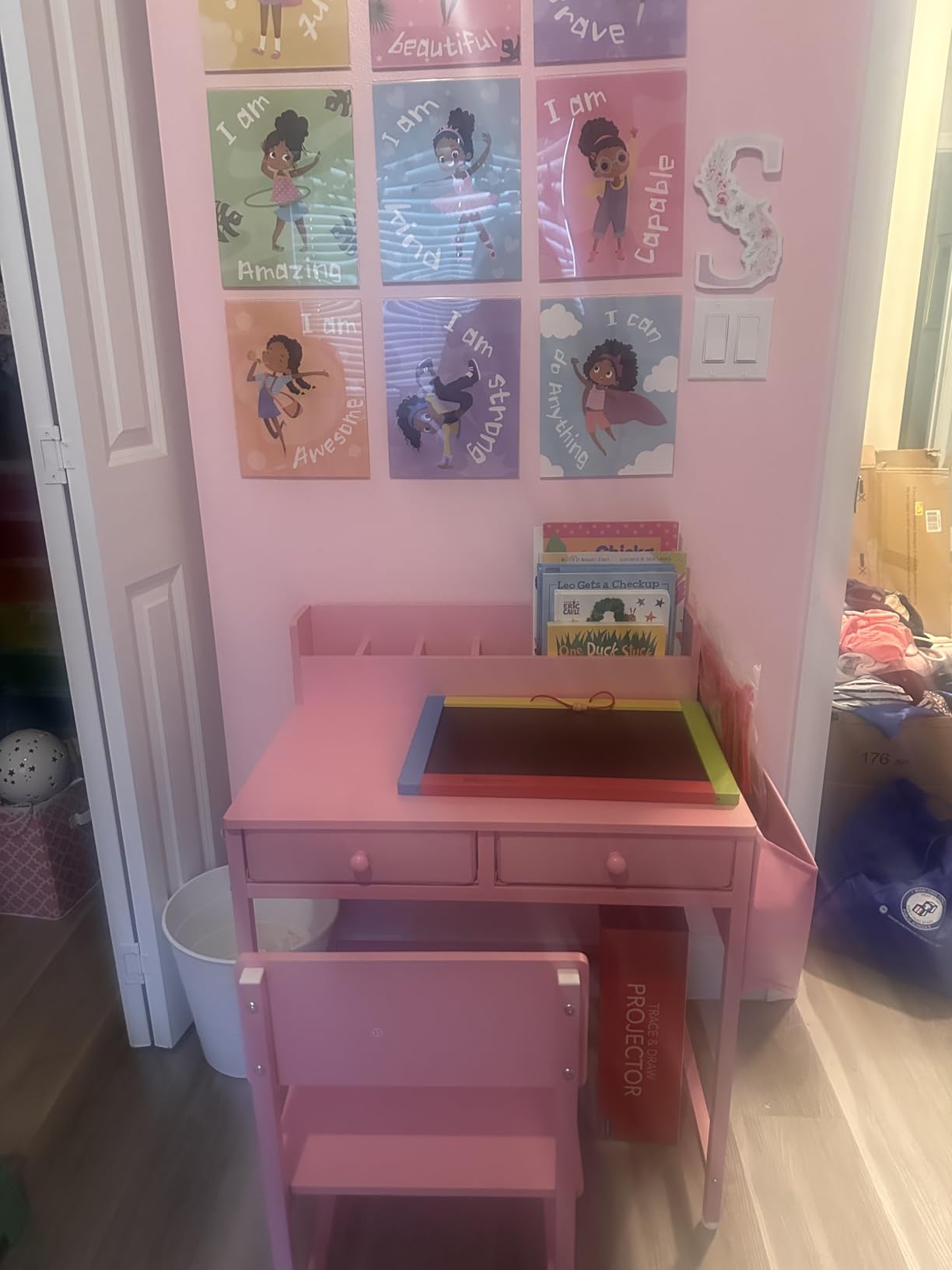 BOLUO White Kids Desk and Chair Set for 5-8 Year Old, Small Child Desk with Fabric Drawer, Children Study Table with Storage Toddler Girls Boys customer photo 1