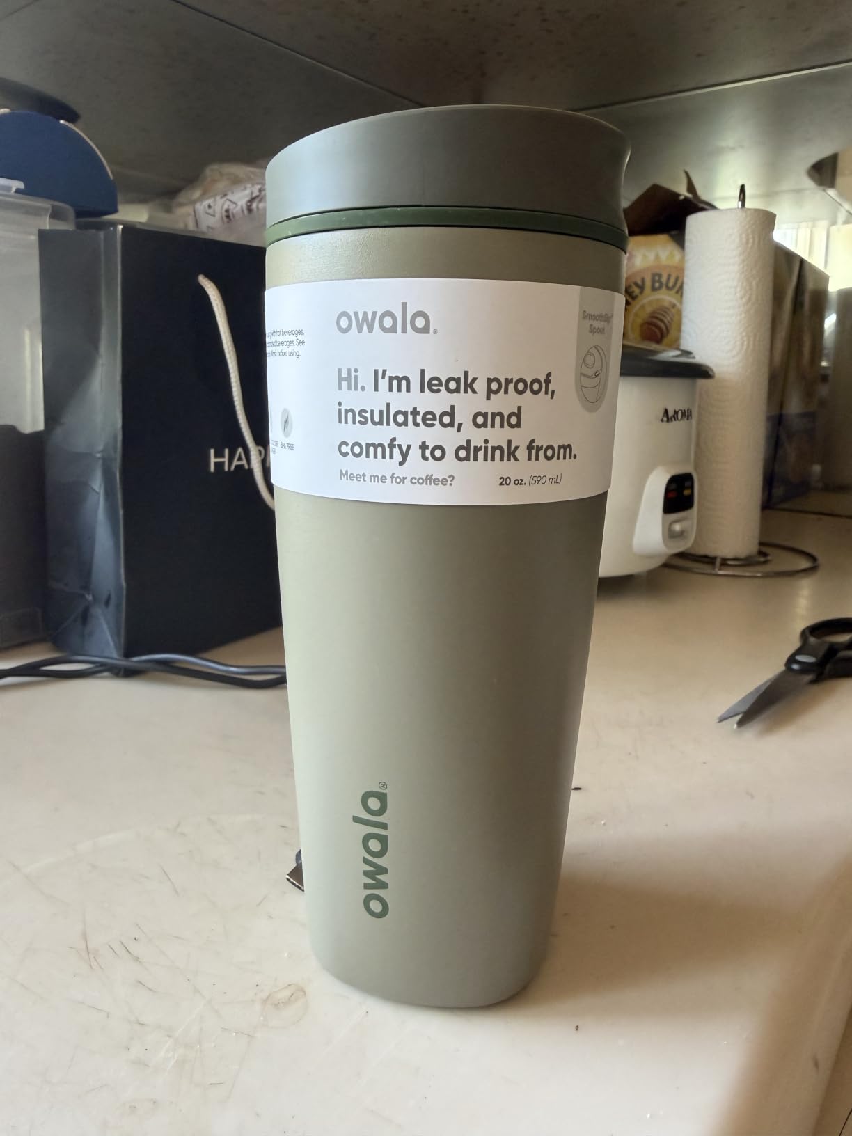 Owala SmoothSip Slider Insulated Stainless Steel Coffee Tumbler, Reusable Iced Coffee Cup, Hot Coffee Travel Mug, BPA Free 20 oz, Pink/Tan (Daybreak) customer photo 2