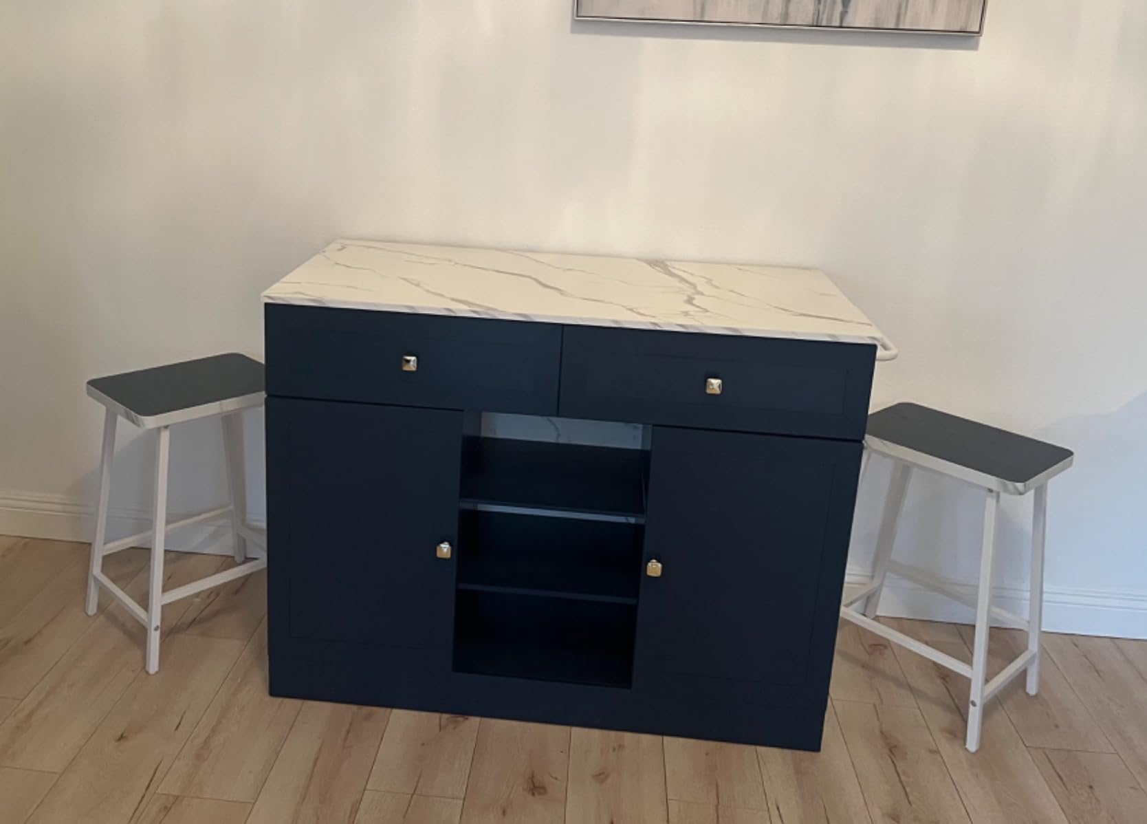 YITAHOME Rolling Kitchen island with Seating and LED Lights, Mobile Storage Islands with Drop Leaf, Dining Table with Power Outlet, 2 Drawers and Soft Stools, Spice/Towel Rack, Lacquered Finish, Black customer photo 2