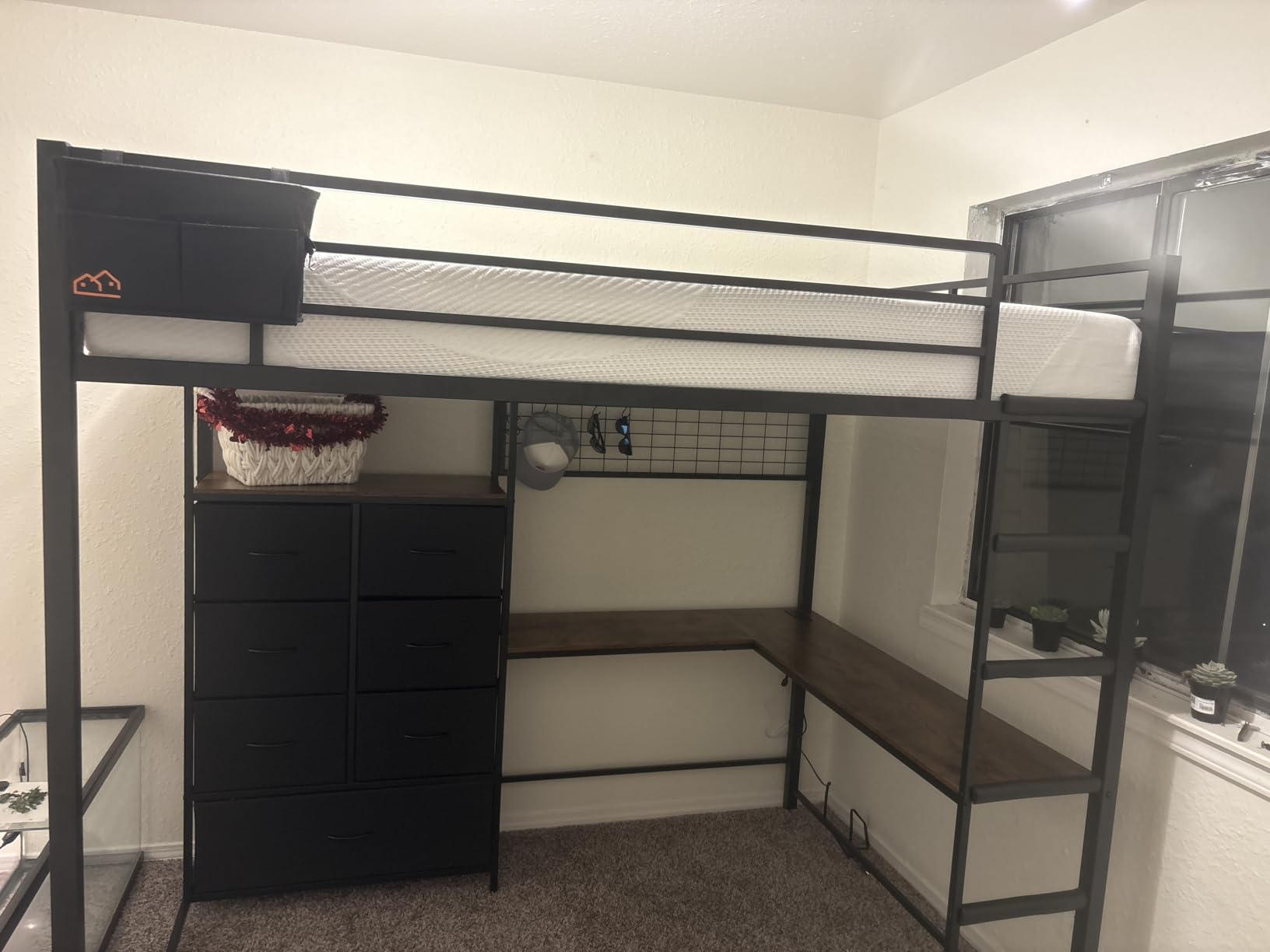 DICTAC Full Loft Bed with L-Shaped Desk and 7 Storage Drawers,Metal Full Size Loft Bed for Teen with LED Lights and Charging Station,13.11