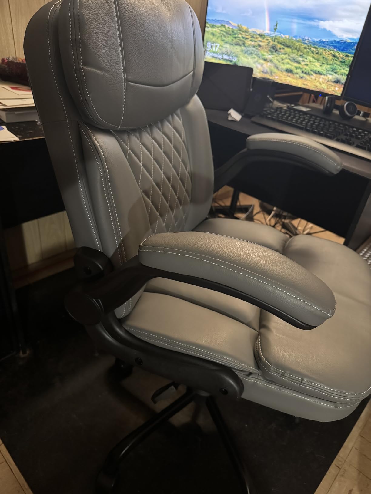 Leather Office Chair, Upgraded PU Computer Desk Chairs with Double-Layer Seat Cushion and Neckrest, 360°Swivel, Ergonomic Small Gaming Chair with Wheels and Adjustable Armrests for Short People, Grey customer photo 2