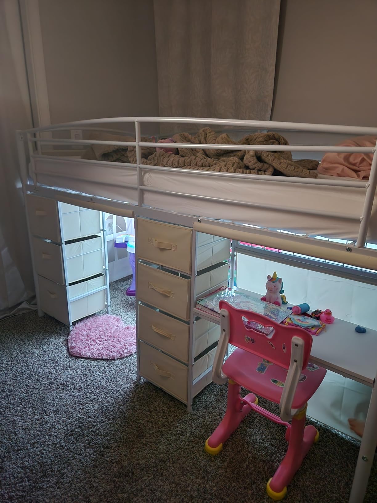 Low Loft Bed Twin Size with 7 Storage Drawers, Desk and LED Lights, Heavy Duty Metal Kids Loft Bed with 13.8