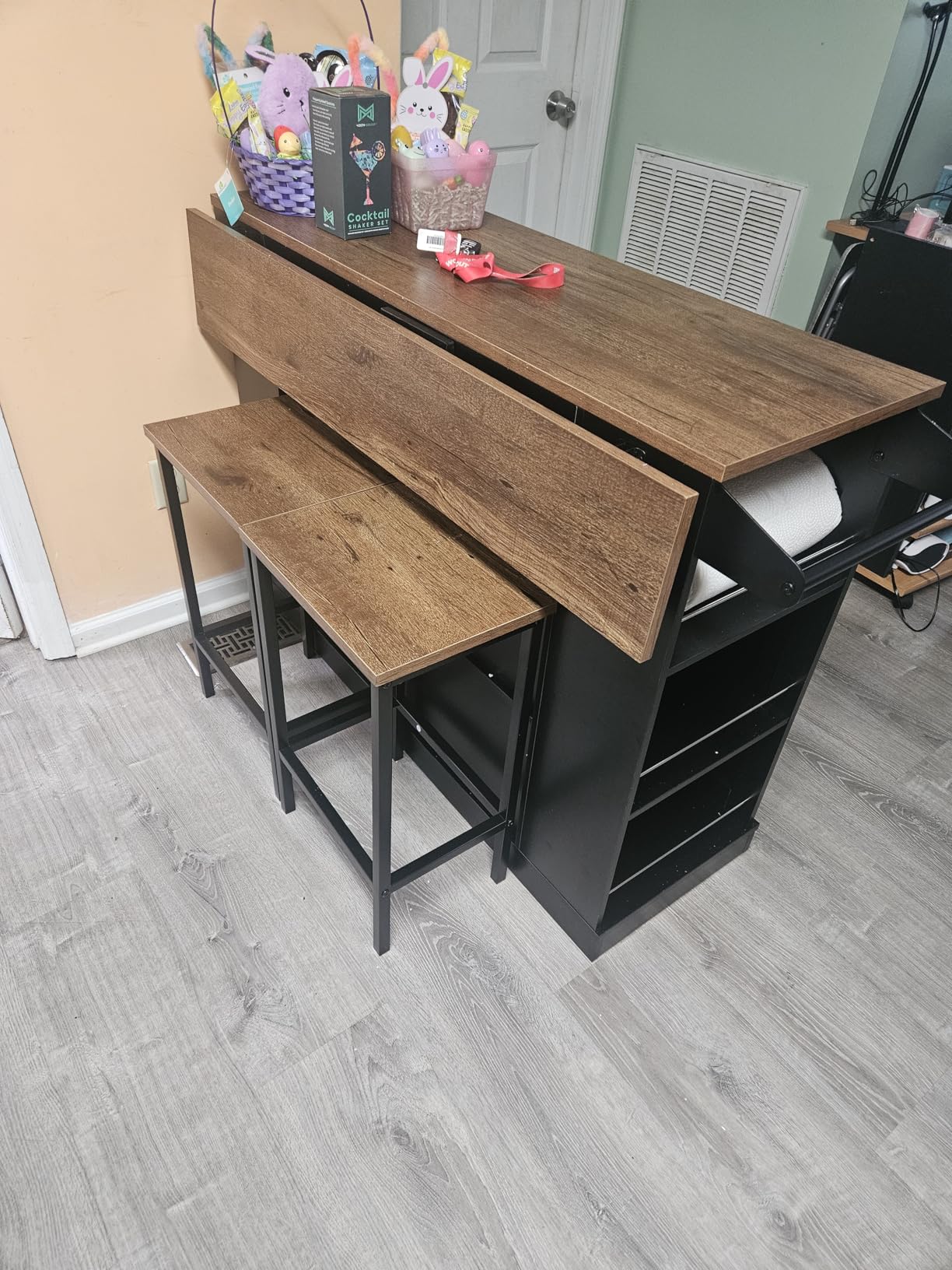 Keyluv Kitchen Storage Island with 2 Stools, 51.2” Mobile Kitchen Cart with Drop Leaf & Power Outlet, Rolling Island Table Dining Room Buffet with 2 Drawers & Side Storage Rack &Towel Rack, White customer photo 1