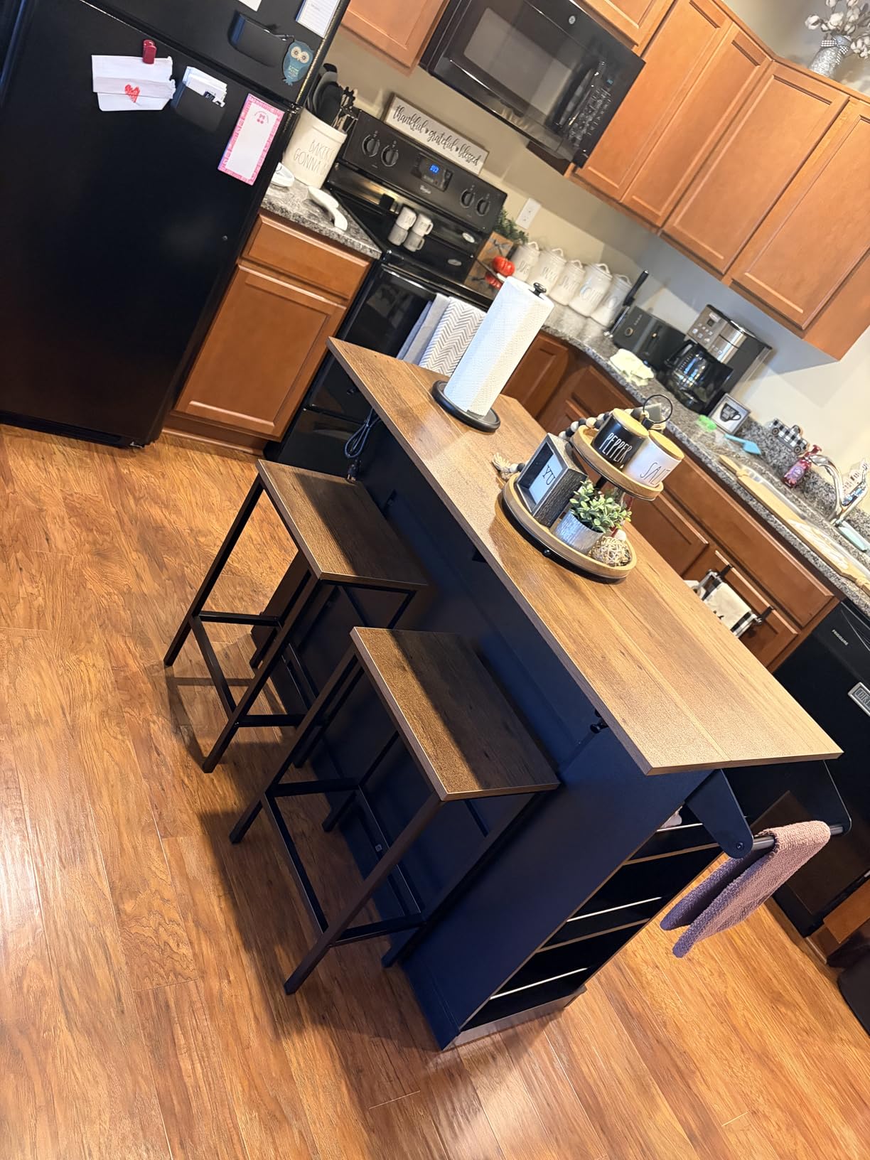 Keyluv Kitchen Storage Island with 2 Stools, 51.2” Mobile Kitchen Cart with Drop Leaf & Power Outlet, Rolling Island Table Dining Room Buffet with 2 Drawers & Side Storage Rack &Towel Rack, White customer photo 2