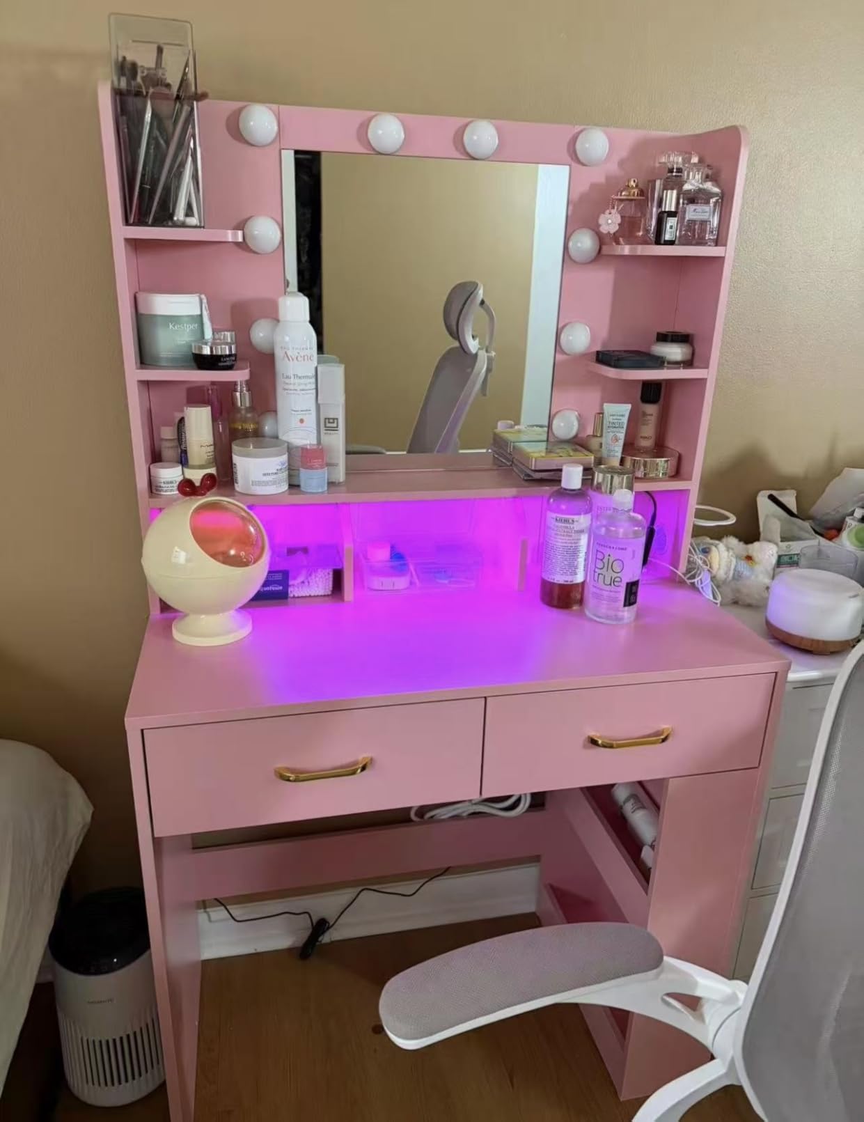 COMHOMA Vanity Desk with 3-Way Mirror and Lights, Makeup Vanity with 360° View Mirror, 3 Lighting Modes, 6 Drawers,Storage Cabinet Fluted Wood Vanity Table with Jewelry Hook for Women Girls customer photo 1