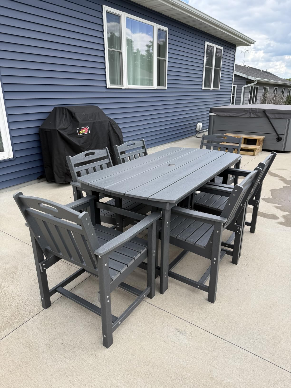 HDPE Outdoor Patio Dining Table & 6 Stackable Armless Chairs Set, Teak customer photo 2